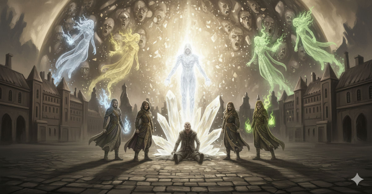 The protagonist places both hands on the gem, their body transforming into light as they take Varek's place in the Binding, founders' souls streaming free around them.