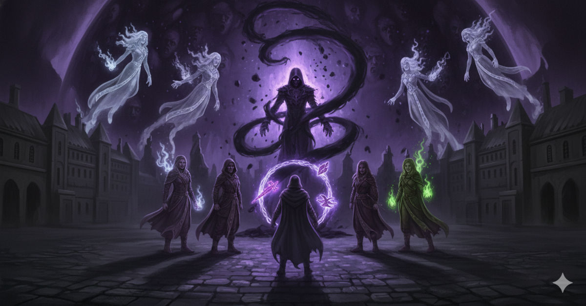 The protagonist grasps Varek's extended hand as shadow wraps around them like a serpent, their gem-light corrupting into something between light and darkness, the relics falling from their hands.