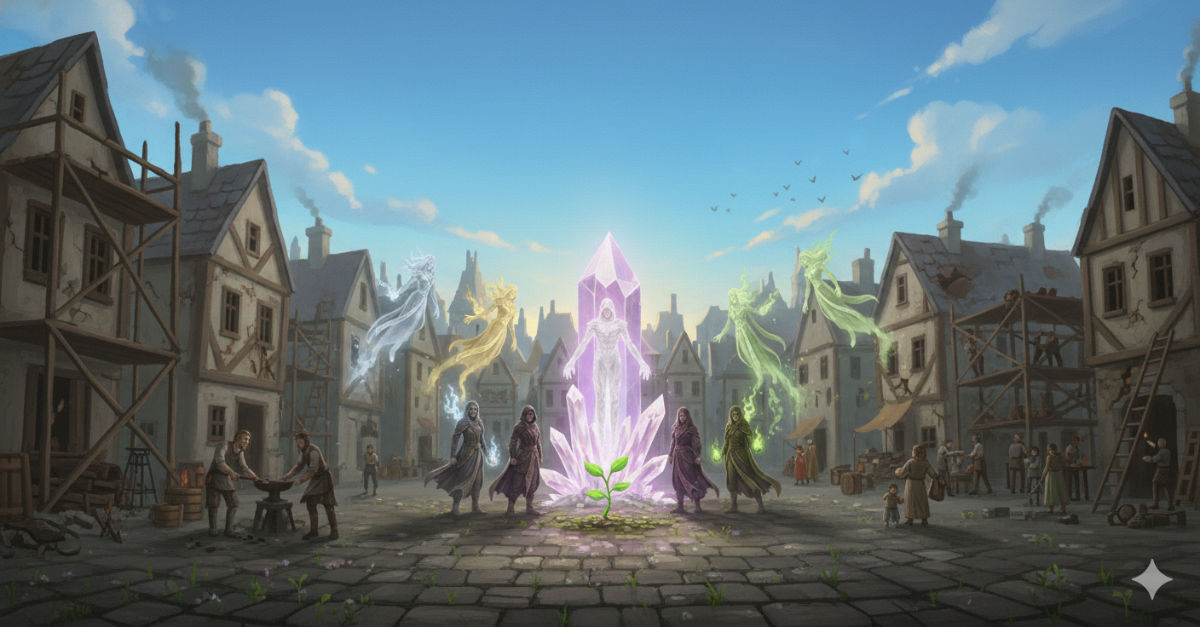 Eldermoor rebuilds under a clear sky, the Purple Gem shining with pure gentle light, new scaffolding and fresh paint covering battle scars, a young seedling growing beside the gem.