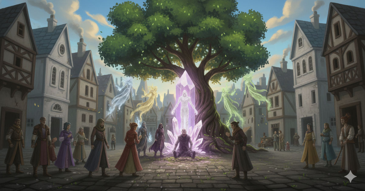 The protagonist stands connected to the gem, unchanged while the city around them shows the passage of years: new buildings, different fashions, the seedling now a full tree.