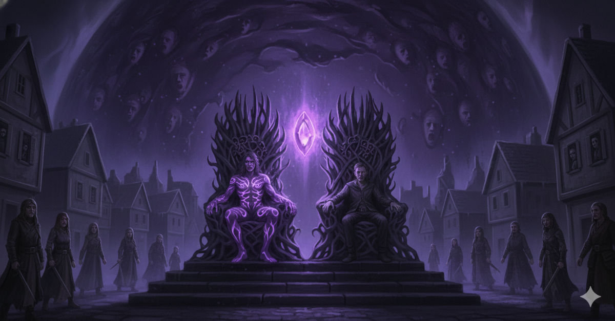 Eldermoor under an eternal shadow dome, two thrones of darkness before the gem, the protagonist sitting beside Varek as shadow and corrupted light intertwine around them.